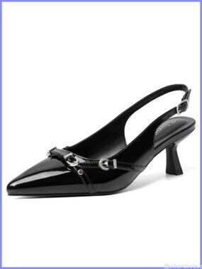 Kitten Heels Women Pointed Toe Patent Leather Slingback Pumps Buckle